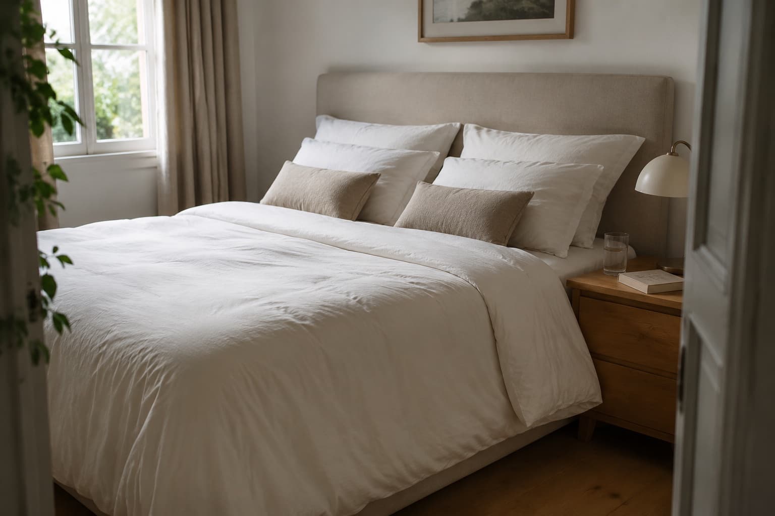 Une chambre remise à neuf, lit fait au linge blanc, lumière douce du matin
