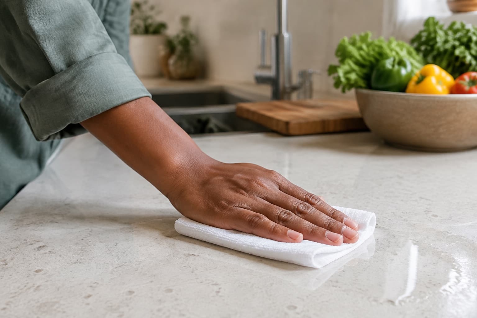 Une main passe un linge blanc sur un plan de travail de cuisine impeccable