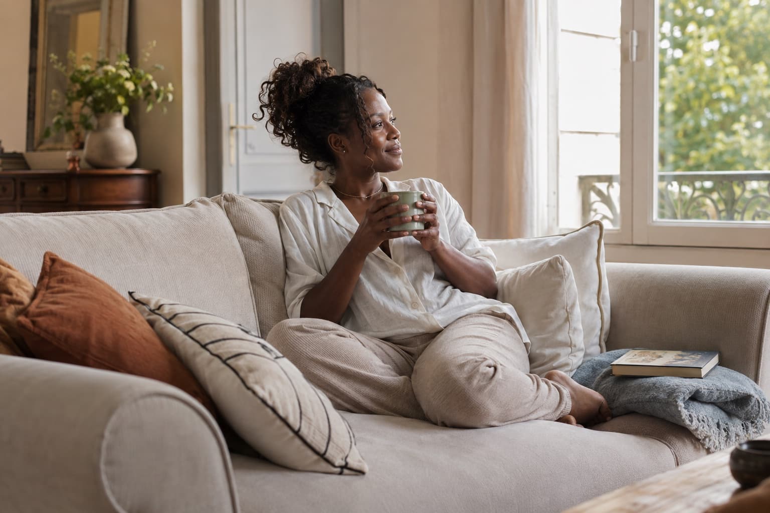 Une femme détendue sur son canapé, une tasse entre les mains, regardant par la fenêtre